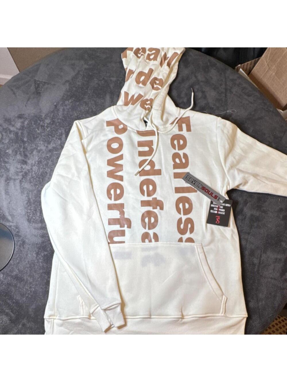 Seven Souls Fearless Undefeated Powerful Graphic Print Hooded Khaki XL
